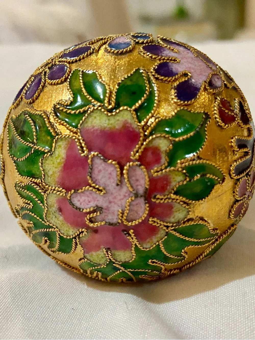 Beautiful Vintage Cloisonné Christmas Ornament Gold, Purple Pink & Green Flowers